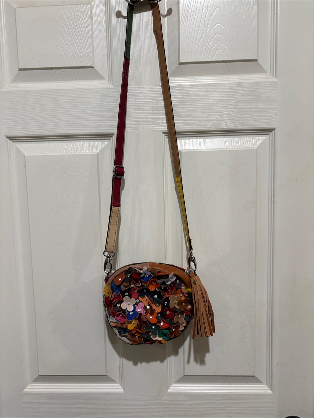 Round Floral Appliqué Crossbody Bag in Multi-Color with Tan Trim